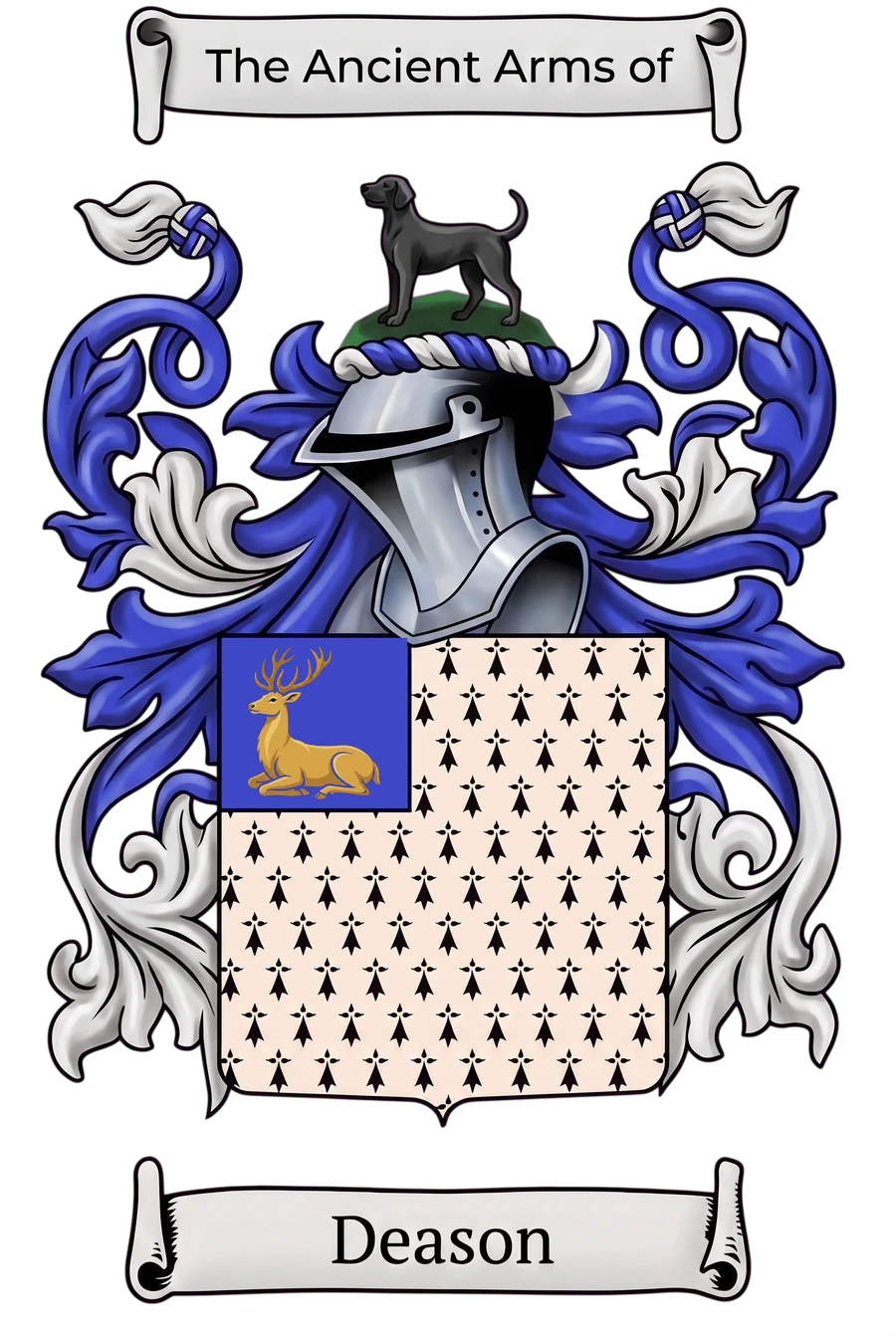 The Deason achievement of arms, restored: a black talbot statant on a green mount above an esquire's helm with azure mantling, over an ermine shield with a gold stag lodged on an azure canton, between scrolls reading The Ancient Arms of Deason