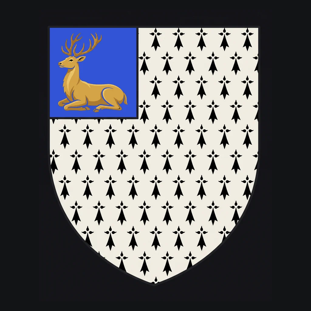 The restored Deason shield: ermine, on a canton azure a stag lodged or